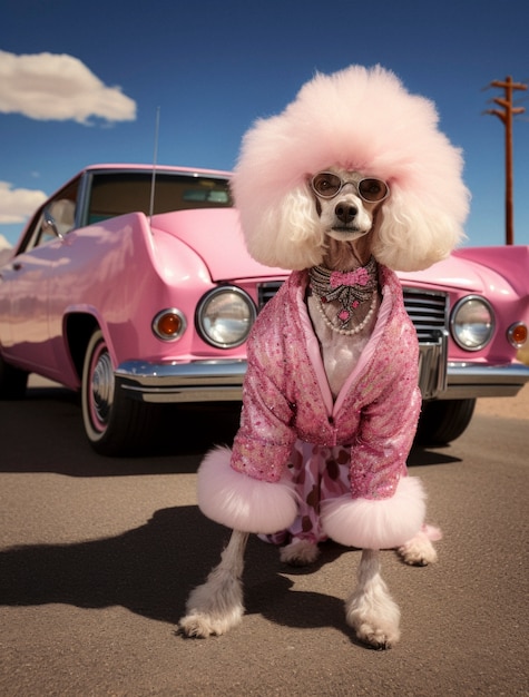 Vista de um cão com uma roupa engraçada