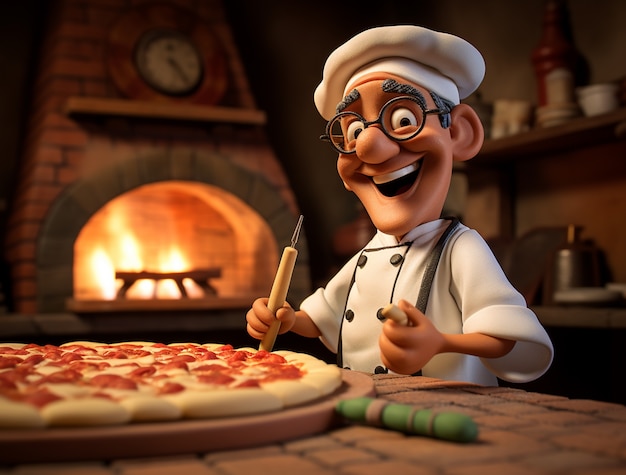 Vista de um chef de desenho animado com uma deliciosa pizza 3d