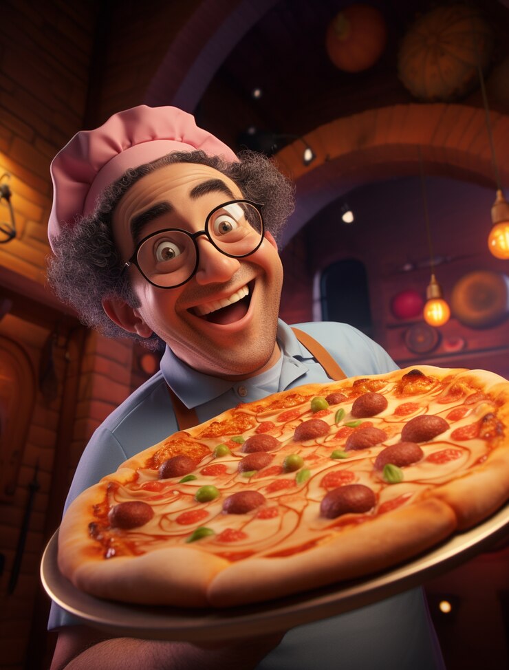 Foto grátis vista de um chef de desenho animado com uma deliciosa pizza 3d