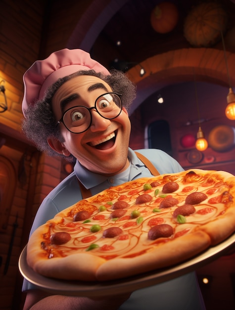 Vista de um chef de desenho animado com uma deliciosa pizza 3D