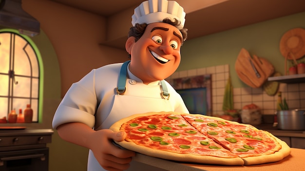 Foto grátis vista de um chef de desenho animado com uma deliciosa pizza 3d