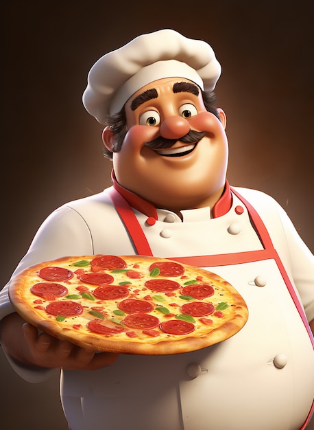 Vista de um chef de desenho animado com uma deliciosa pizza 3D