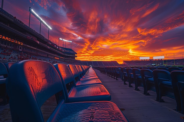 Vista de um estádio de futebol vazio com fantasia e céu de sonho