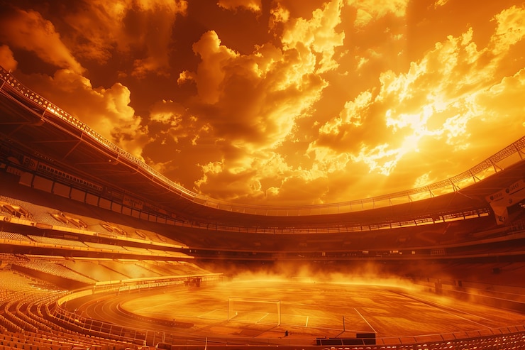 Foto grátis vista de um estádio de futebol vazio com fantasia e céu de sonho