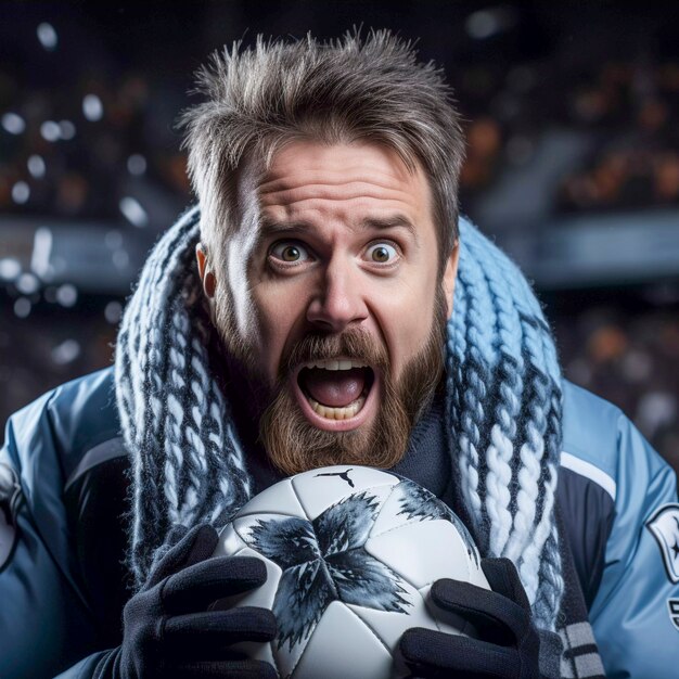 Vista de um fã de futebol em êxtase comemorando