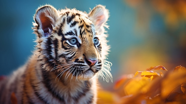 Vista de um filhote de tigre selvagem feroz na natureza