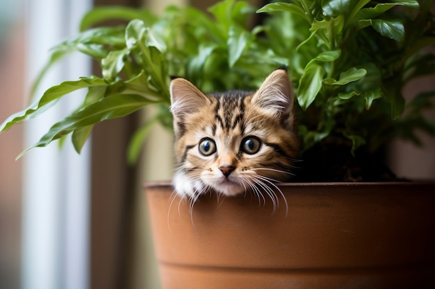 Vista de um gatinho adorável com uma planta pop