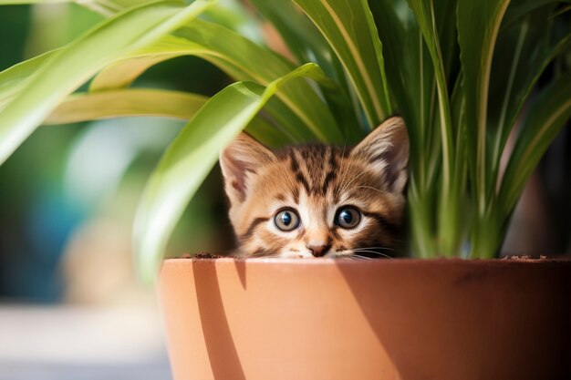 Vista de um gatinho adorável com uma planta pop