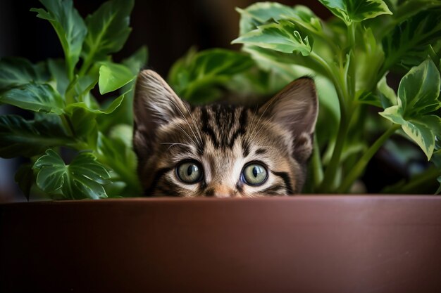 Vista de um gatinho adorável com uma planta pop