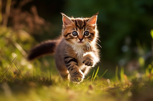 Vista de um gatinho adorável correndo ao ar livre