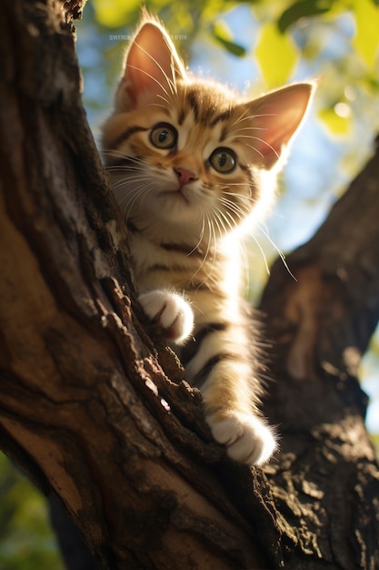 Vista de um gatinho adorável na árvore