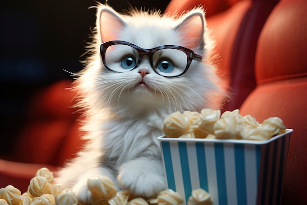 Vista de um gato 3D no cinema assistindo a um filme