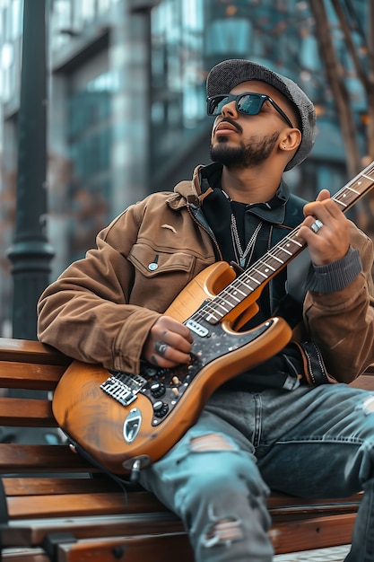 Foto grátis vista de um homem tocando um instrumento de guitarra elétrica