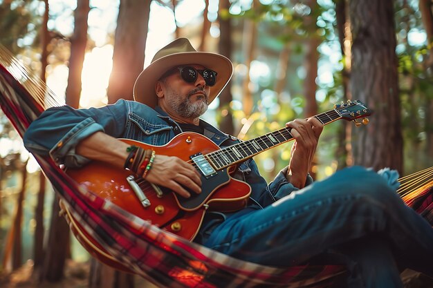 Vista de um homem tocando um instrumento de guitarra elétrica