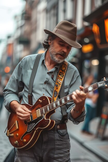 Vista de um homem tocando um instrumento de guitarra elétrica