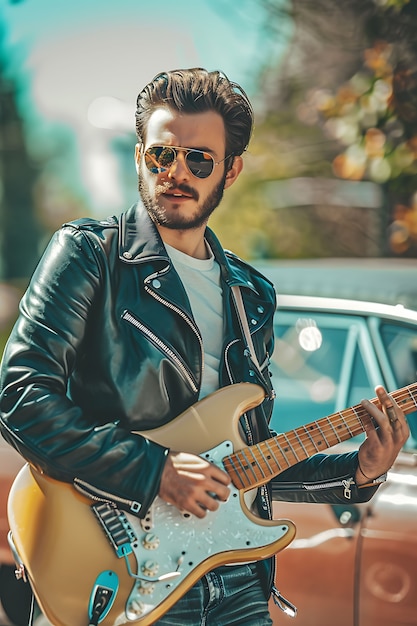 Vista de um homem tocando um instrumento de guitarra elétrica