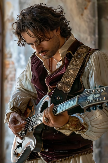 Vista de um homem tocando um instrumento de guitarra elétrica