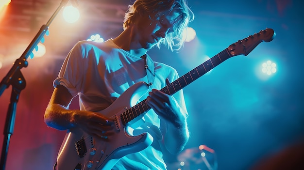 Vista de um homem tocando um instrumento de guitarra elétrica