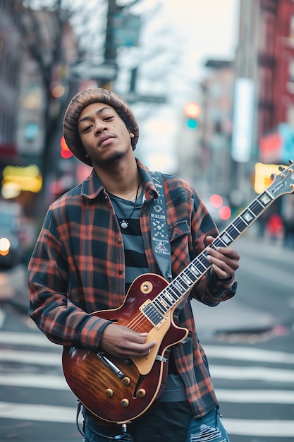 Vista de um homem tocando um instrumento de guitarra elétrica