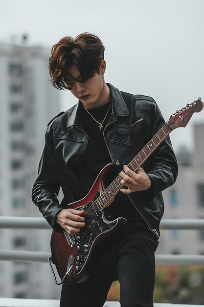 Vista de um homem tocando um instrumento de guitarra elétrica