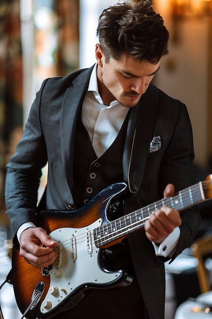 Foto grátis vista de um homem tocando um instrumento de guitarra elétrica