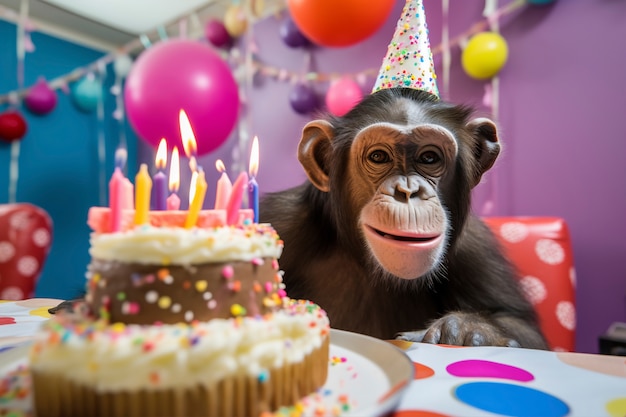 Foto grátis vista de um macaco engraçado a celebrar o aniversário