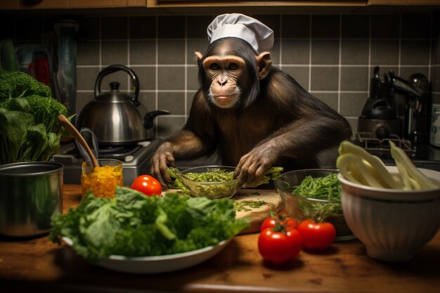 Vista de um macaco engraçado cozinhando