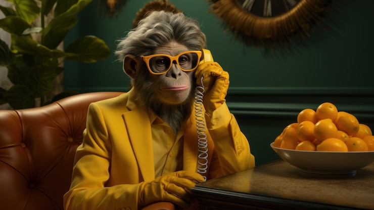 Foto grátis vista de um macaco engraçado de fato com telefone