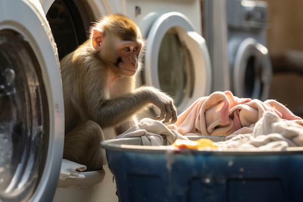 Vista de um macaco engraçado fazendo a roupa