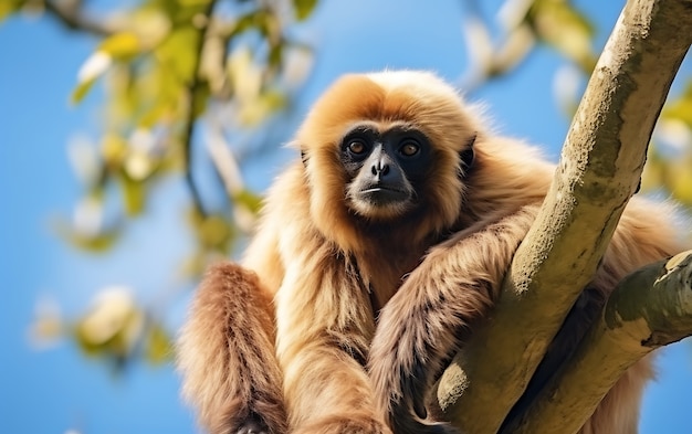 Vista de um macaco gibão selvagem em uma árvore