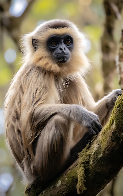 Foto grátis vista de um macaco gibão selvagem em uma árvore