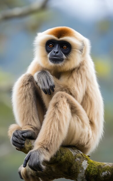 Vista de um macaco gibão selvagem em uma árvore