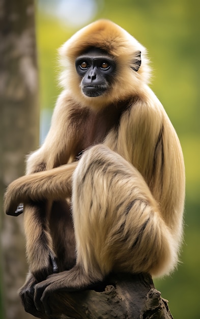 Vista de um macaco gibão selvagem em uma árvore