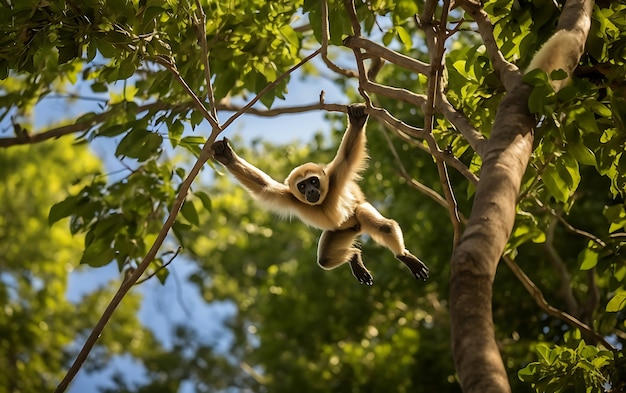 Vista de um macaco gibão selvagem em uma árvore