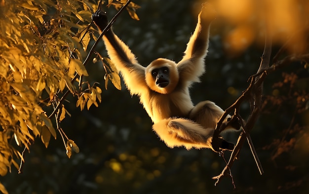 Vista de um macaco gibão selvagem em uma árvore