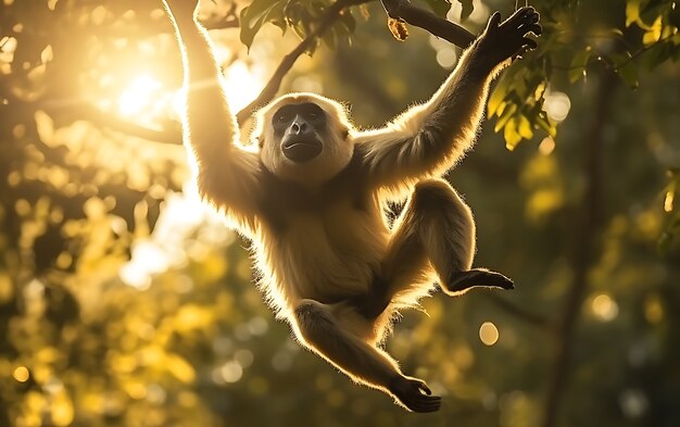 Vista de um macaco gibão selvagem em uma árvore