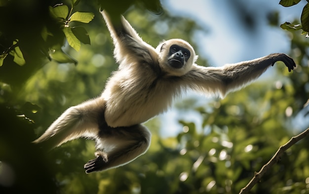 Vista de um macaco gibão selvagem em uma árvore