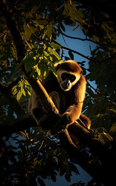 Vista de um macaco gibão selvagem em uma árvore