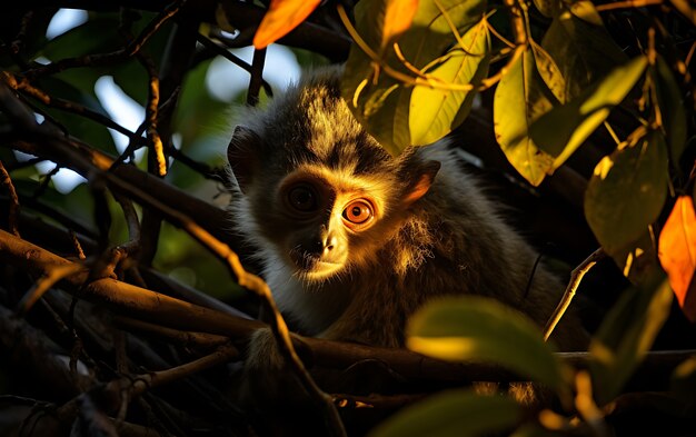 Vista de um macaco gibão selvagem em uma árvore