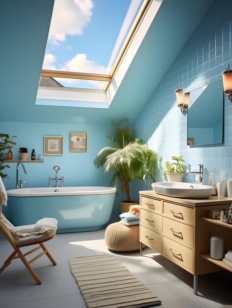 Vista de um pequeno banheiro com decoração e móveis de estilo moderno