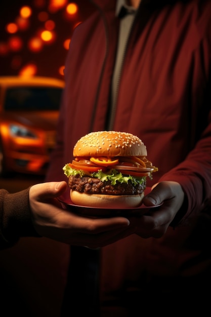 Vista de um saboroso hambúrguer com queijo e carne
