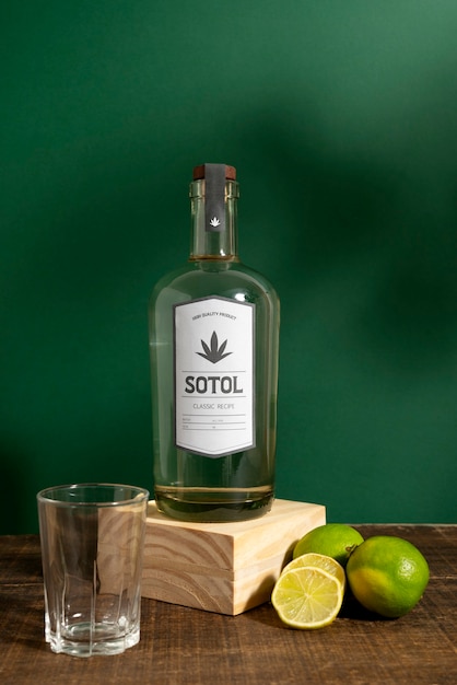 Vista de uma bebida mexicana de sotol com garrafa de vidro