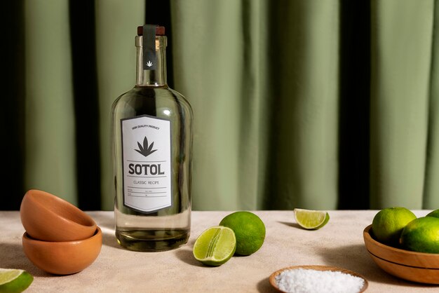 Vista de uma bebida mexicana de sotol com garrafa de vidro