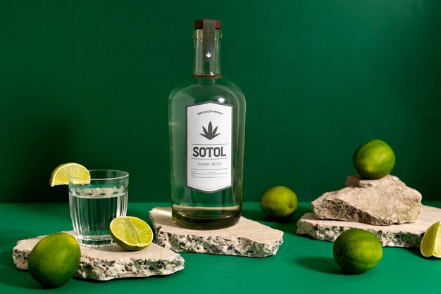 Vista de uma bebida mexicana de sotol com garrafa de vidro