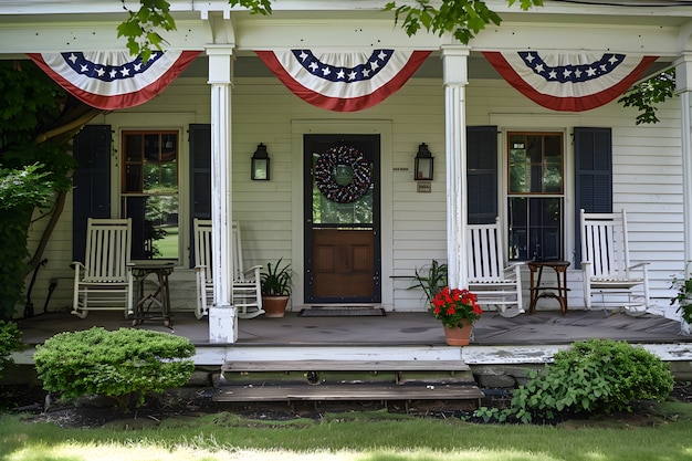 Foto grátis vista de uma casa decorada com ornamentos das cores da bandeira americana para a celebração do dia da independência