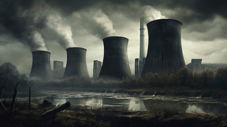 Foto grátis vista de uma central nuclear com torres que deixam sair o vapor do processo