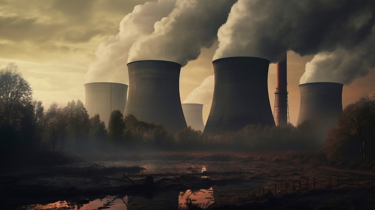 Foto grátis vista de uma central nuclear com torres que deixam sair o vapor do processo