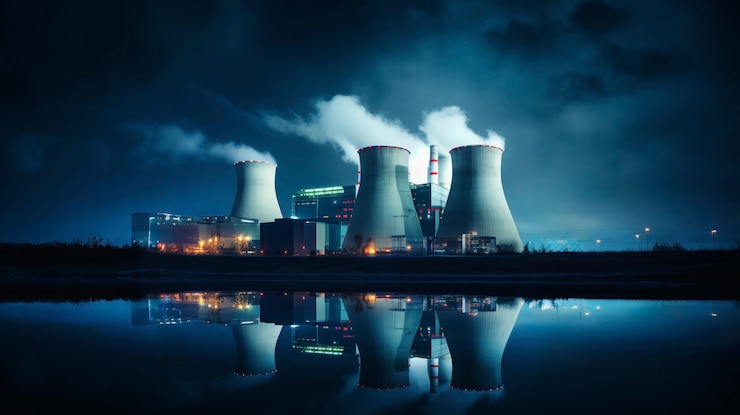 Foto grátis vista de uma central nuclear com torres que deixam sair o vapor do processo