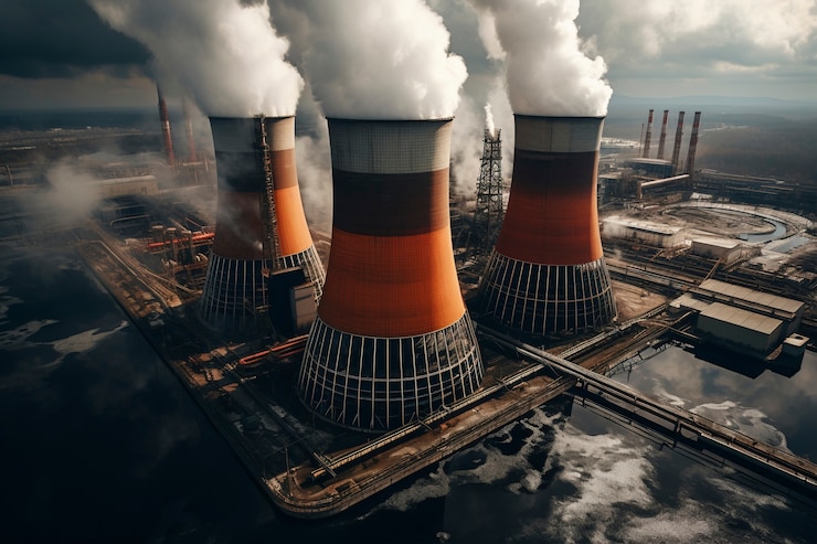 Foto grátis vista de uma central nuclear com torres que deixam sair o vapor do processo