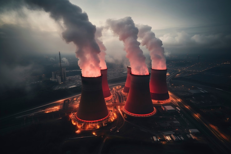 Foto grátis vista de uma central nuclear com torres que deixam sair o vapor do processo